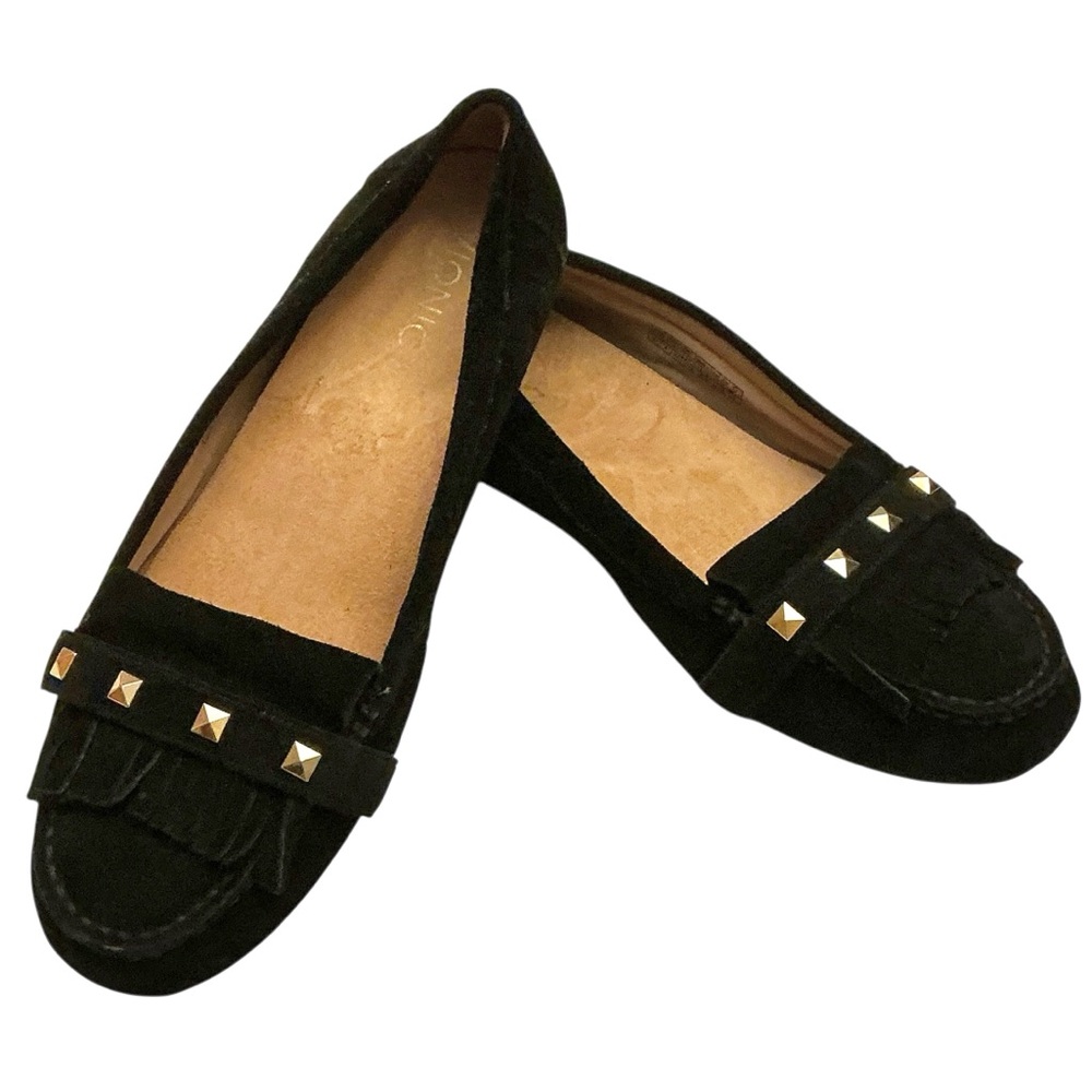 VIONIC Thera Black Suede Loafer Flats Size 10W Fringe and Stud Detailing Slip on